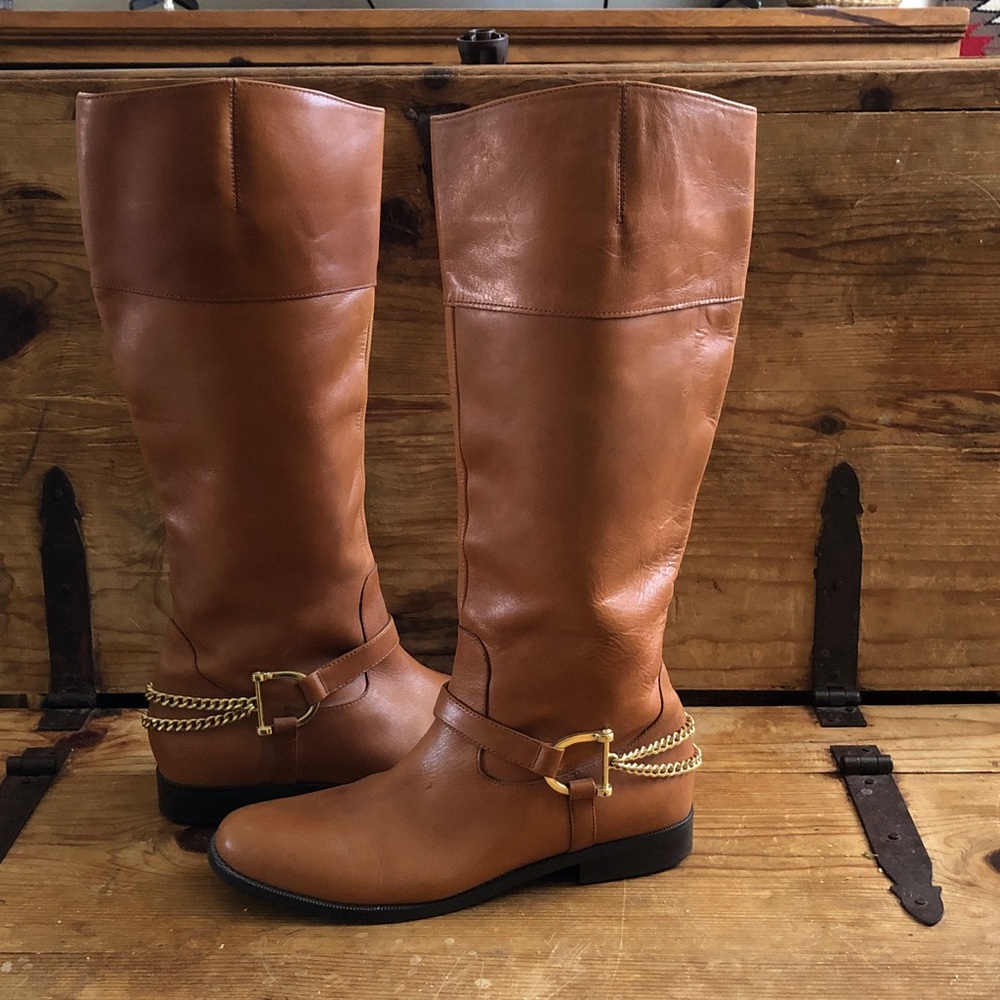 Lauren Ralph Lauren Jacqui Chain Riding Boot Leather Knee High Polo Tan 9.5